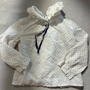 Vintage Sears girls white gold poka dots blouse with blue ribbon size 3 3x